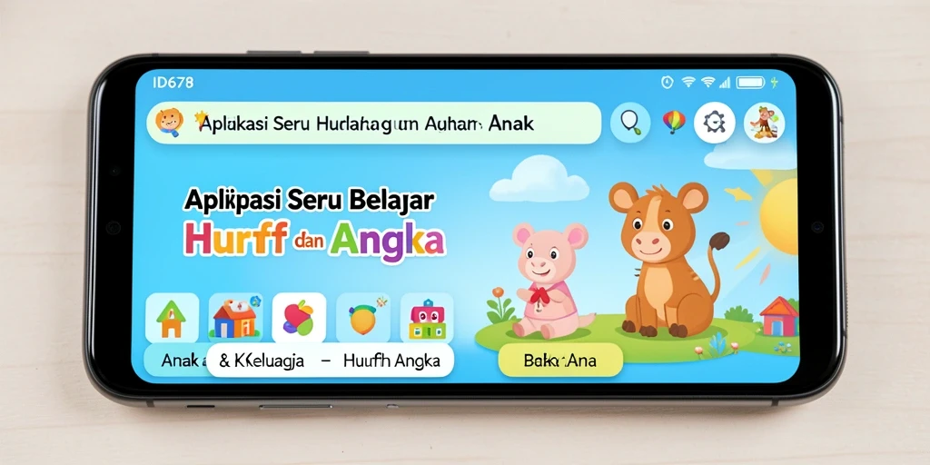 Antarmuka aplikasi ID678 untuk belajar huruf dan angka yang interaktif.
