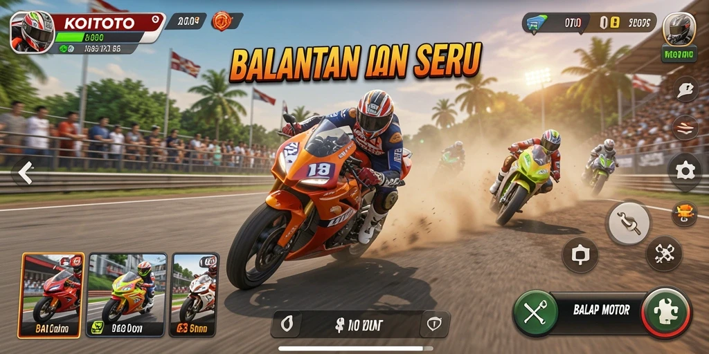 Tampilan antarmuka balap motor yang menarik dan interaktif.