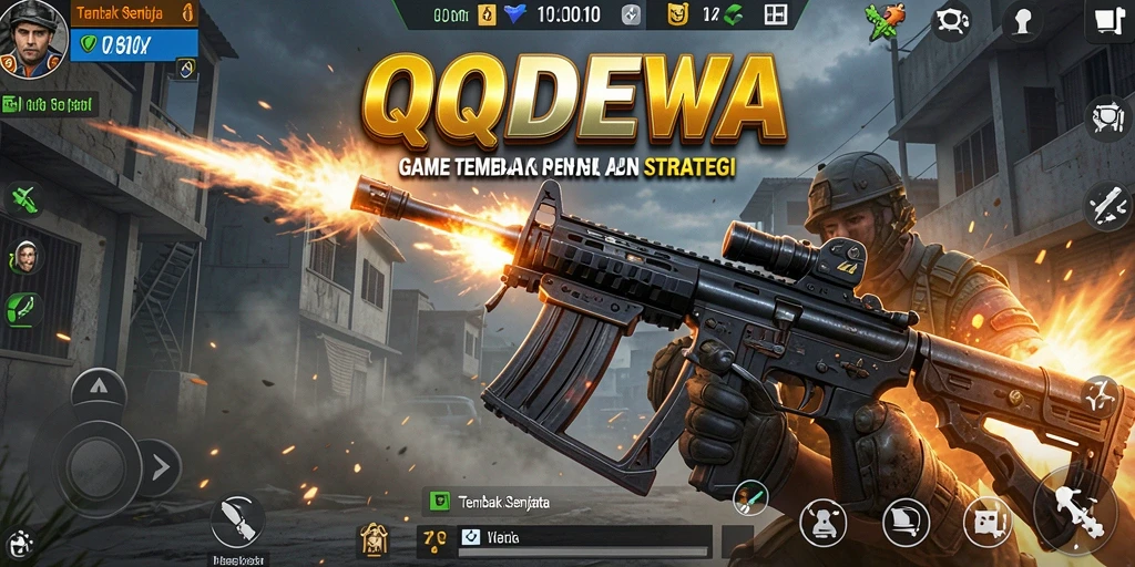 Screenshot dari antarmuka permainan QQDEWA yang menunjukkan aksi tembak-menembak.