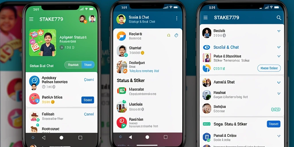 Antarmuka aplikasi STAKE779 yang menarik untuk Status & Stiker.